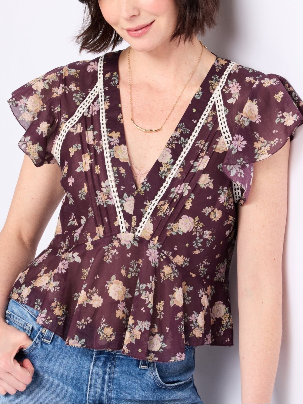 Steve Madden Plum Floral V-Neck Flutter Sleeve Blouse